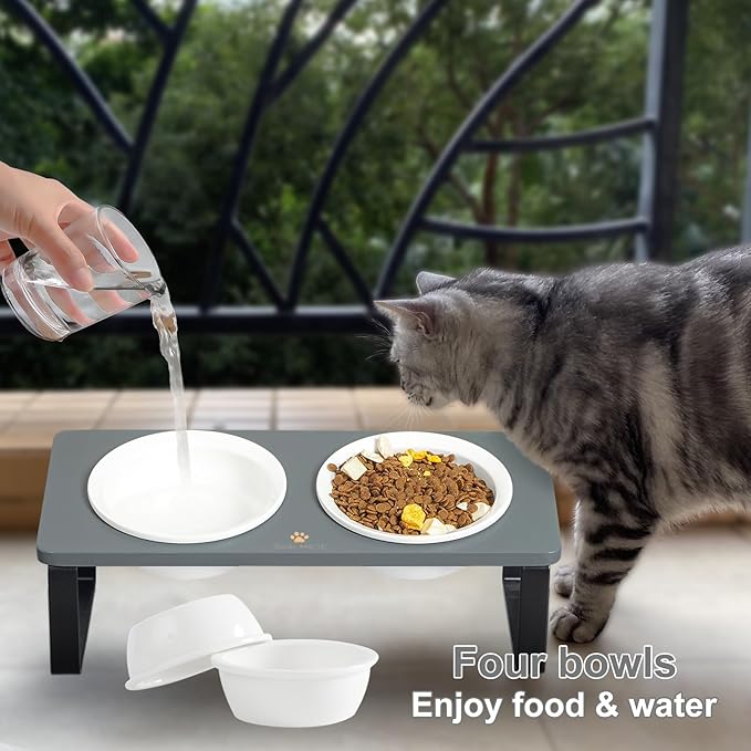 Sunhoo Elevated Cat Bowls for Indoor Cats Ceramic Kitty Dish Food Water Raised Tilted Puppy Feeding Sation with 4 Dishes Wooden Stand Pet Feeder Metal Legs Orthopedic ReducesVomiting（Grey）