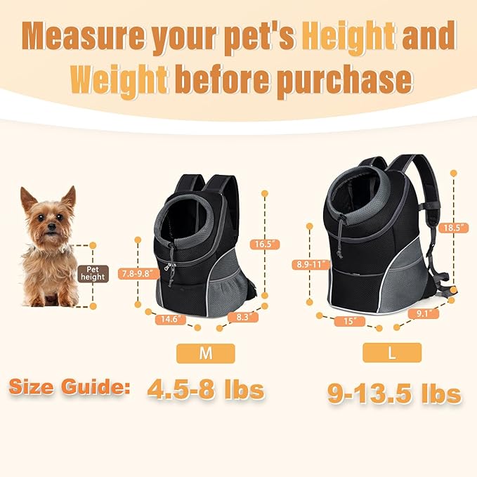 YUDODO Dog Front Carrier Backpack, Adjustable Breathable Pet Carrier for Small Dogs Cats, Ventilated Puppy Back Pack with Safety Belt, Lightweight Doggy Backpack for Hiking Outdoor (Black, Large)