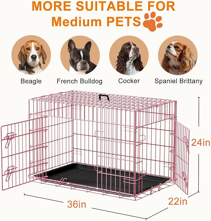 FDW Dog Crate 36inch Dog Cage Foldable Metal Kennel with Leakproof Tray Foldable Design Indoor Outdoor Use for Medium Dogs,Pink