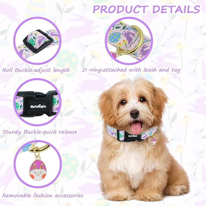 Easter Dog Collar, Spring Easter Egg Print Dog Collar with Purple Rabbit, Adjustable Cotton Puppy Collars Girl Boy Collar for Small Medium Large Dogs -M