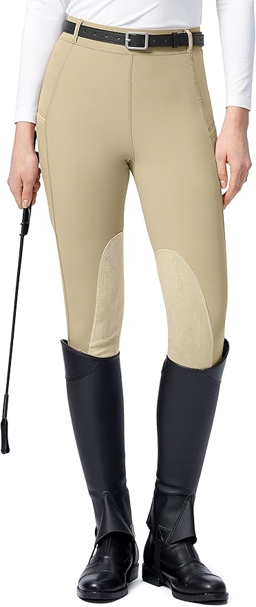 SANTINY Women's Horse Riding Pants with Zipper Pockets Knee-Patch Schooling Tights Equestrian Breeches for Women