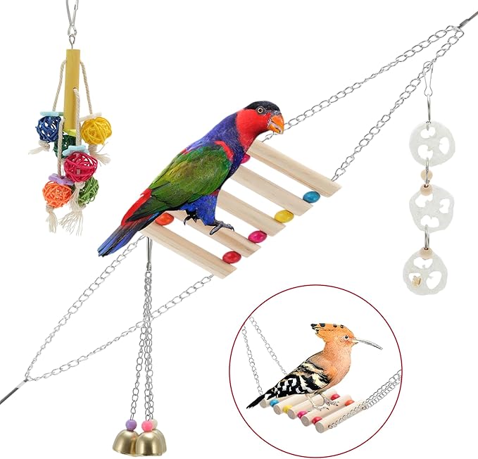 Cockatiel Toys, Bird Toys, 6 Pcs Multifunctional Natural Coconut Hideaway with Ladder Swing Hanging Bell Toy, Parrot Toys, Bird Cage Accessories