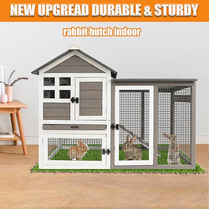 PetsCosset Rabbit Hutch Indoor Outdoor Rabbit Cages with Pull Out Tray Large Bunny Hutch Indoor Guinea Pig Cages Waterproof Asphalt Roof