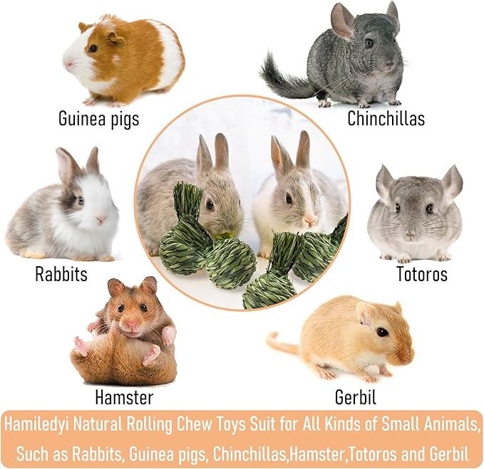Hamiledyi Rabbit Chew Ball Bunny Timothy Grass Ball Natural Woven Chewing Toys Small Animal Activity Play Balls Chew Toys for Bunny Rabbits Hamster Guinea Pigs Chinchilla Gerbils 4PCS