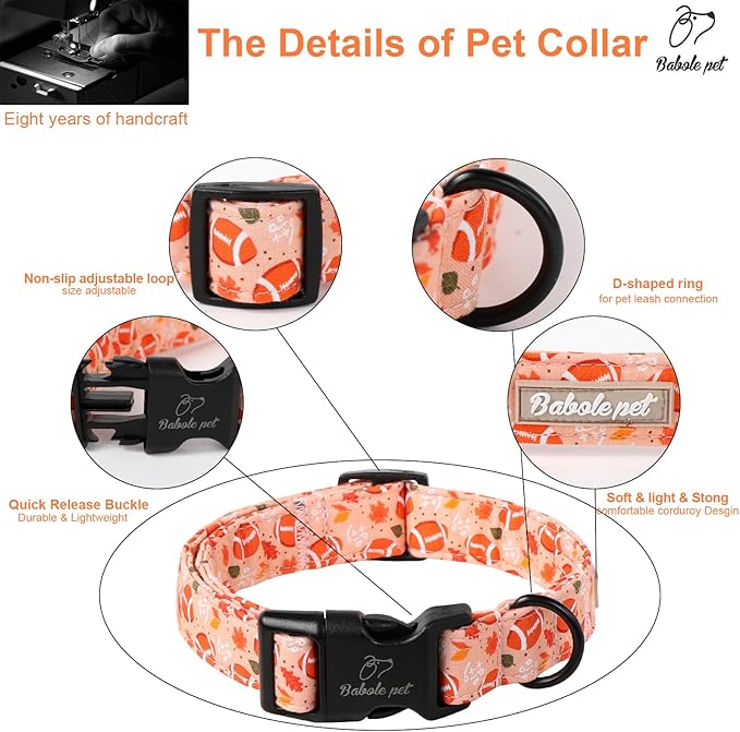 Fall Dog Collar, Cute Football Pattern Puppy Collar, Orange Adjustable Cotton Holiday Tanksgiving Dog Collars for Small Medium Large Boy&Girl Dogs M