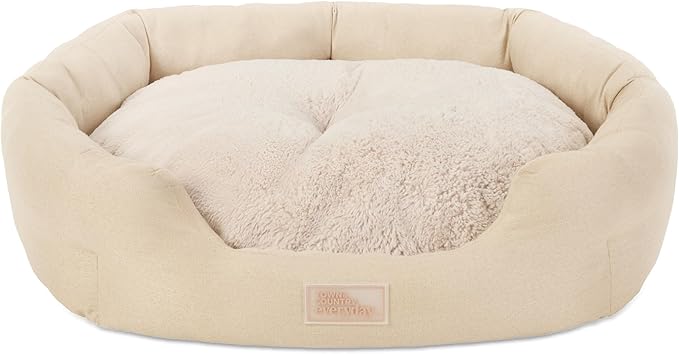 TOWN & COUNTRY EVERYDAY CuddleTown Faux Linen Comfy Cozy Cuddler Pet Bed, Supportive & Calming Egg Crate Foam, Non-Slip Bottom, Machine Washable Cover, Beige, Medium 28"x26"x8"