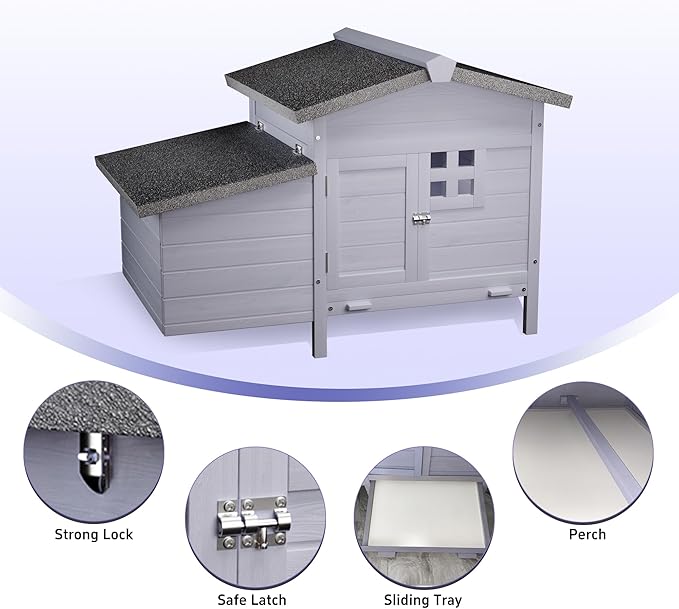 Outdoor Wooden Chicken Coop with Nesting Box – All-Weather Hen House for 3–4 Chickens, Asphalt Roof, Leak-Proof Pull-Out Tray, Predator-Proof Poultry Cage with Multiple Doors Gray