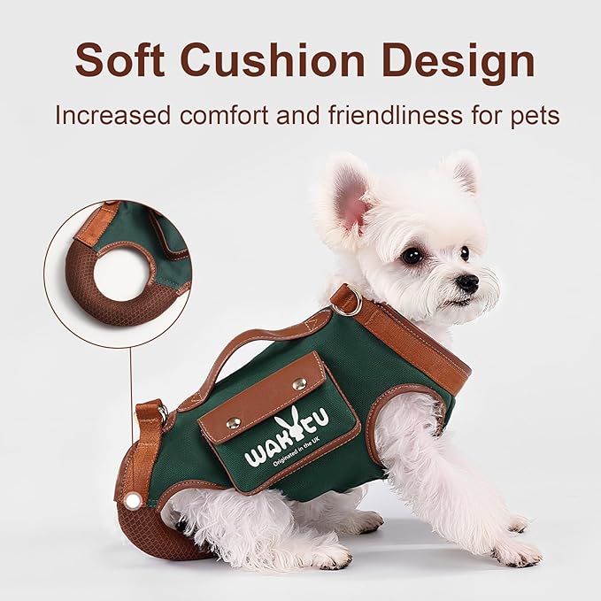 Dog Lift Harness Dog Carrier Dog VES Harness Adjustable Dog Leash with Small Puppy Treat Bag（Green,XS）