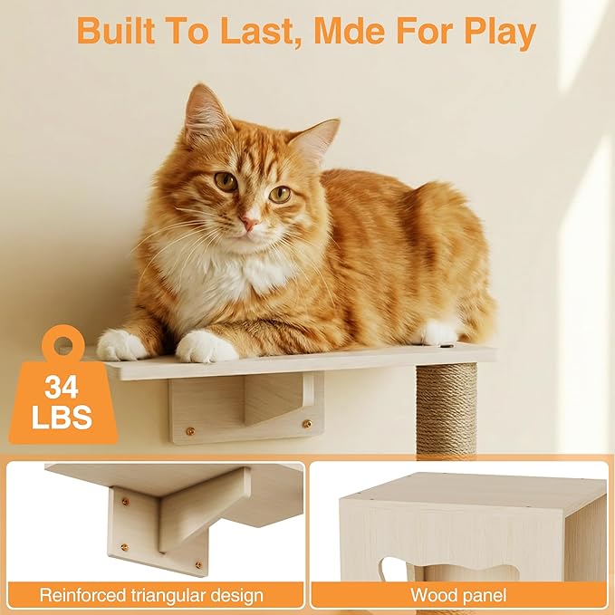 Cat Wall Shelves, Wooden Multi-Level Cat Climbing Furniture, House, Steps, Sisal Scratcher, Perches Bed & Ball, Space-Saving Wall Mounted Cats Shelves for Play & Rest