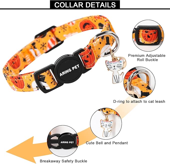 ARING PET 2 Pack Fall Cat Collars-Cute Breakaway Cat Collar with Bell & Pendant, Adjustable Fall&Halloween Kitten Collars with Safety Buckle for Girl and Boy Cats