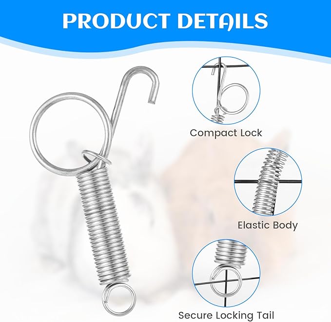 20 PCS Spring Latch for Cages, Spring Door Latch for Rabbit, Wire Cage Clips Cat Small Hook, Rabbit Wire Clips, Dog Crate Lock, Pet Dog Cat Birds Parrot Squirrel Hook
