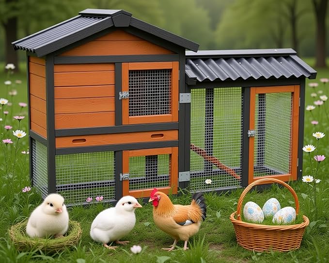 Chicken Coop, Chicken Run, Small Wooden Duck Coop Outdoor 2-Tier Hen House All Weather Used Poultry Quail Cage Rabbit Pet Hutch House with (Brown with Black)