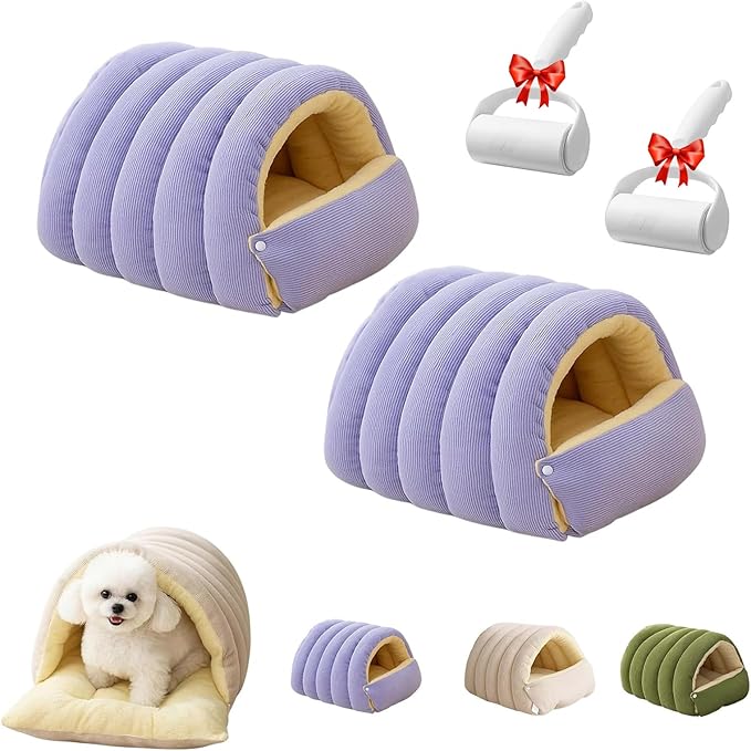 Removable and Washable Winter Closed-Off Cat Bed, Cat Winter Cave, Cute Cat Beds for Indoor Cats, Disassembled Design for Easier Cleaning, with Hair Remover (2PcsPurple, 17.7 * 11.8 * 7.5 in)