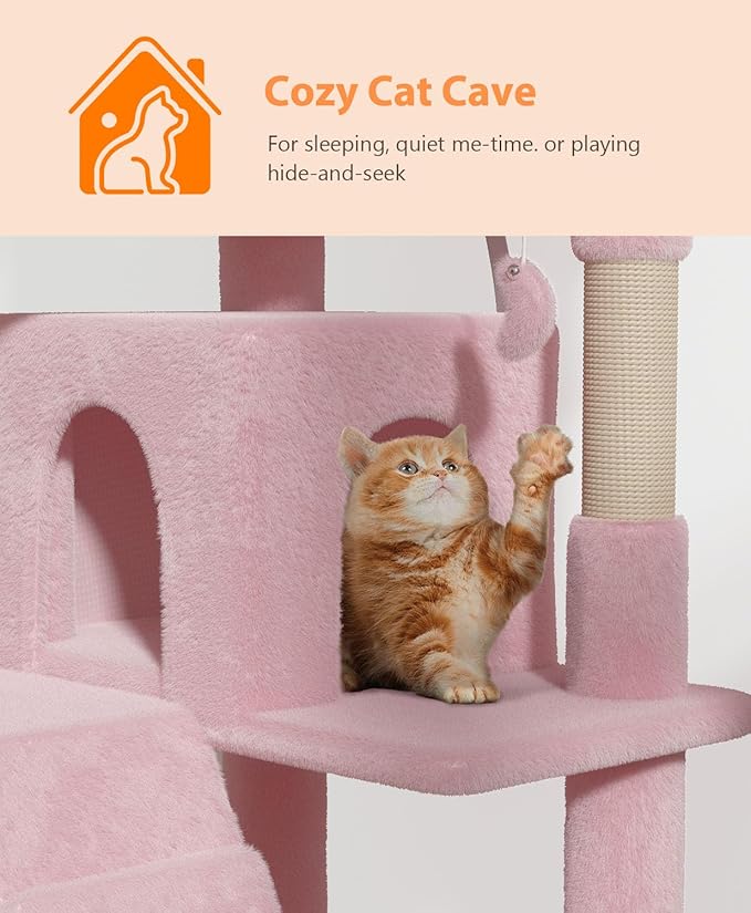 70'' Cat Tree Tower for Indoor Cats Large Adult,Cute/Tall Modern Cat Tree for Big Cats 20 lbs,Plush Multi-Level Cat Condo with Scratching Posts,Dangling Ball for Fun Play(Soft Pink, 70 inch)