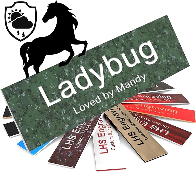 Horse Stall Name Plate, 2x6 Personalized Stall Signs, UV Protected, All Weather Adhesive, Hanging, Mounting or Other, Green Marble Pattern Plastic White Letters - Made in USA - S4