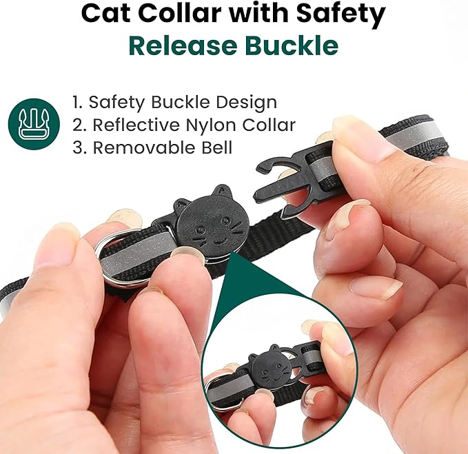 Cat Collar with AirTag Holders, 3-Pack, Reflective Breakaway Safety Collars, Bells and Matching Charms, Adjustable, Paw Hearts, Moon Stars Design, Lucky Charm, Black