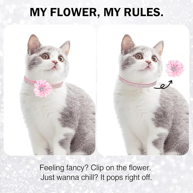 Rhinestone Cat Collar Breakaway with Bell, Diamond Cat Collar with Safety Buckle Quick Release for Girl Boy Small Kitten Pets Puppy,Cute Soft Cat Collars, Color Flower Pink 8-12"