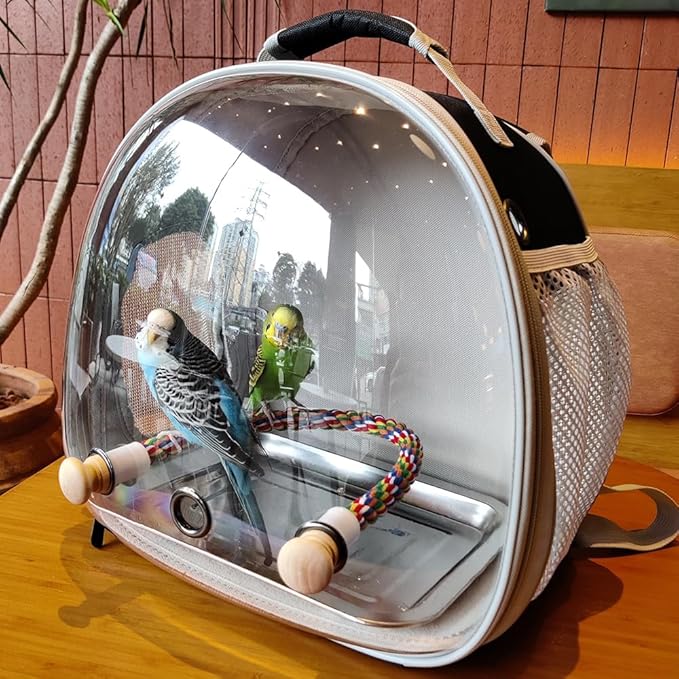 Small Bird Travel Backpack Carrier Cage, Backpack to Transport Backpack Carrier with Metal Tray Stand Perch for Parakeet Cockatiel Budgies Vet Carry Bag
