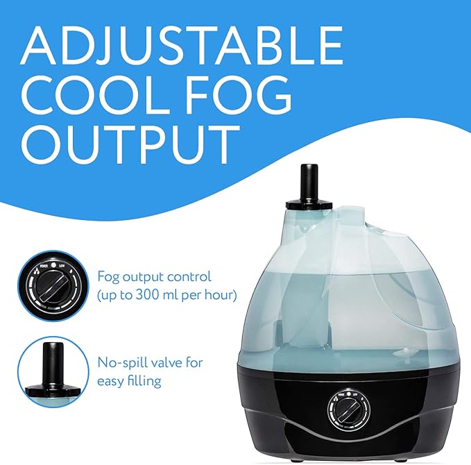 Evergreen Pet Supplies Reptile Fogger & Humidifier - Adjustable Fog Output for Mini Terrarium Fogger - 2 L Tank with Auto Shut-Off for Tortoise Humidifier - 2 L, Black/Clear
