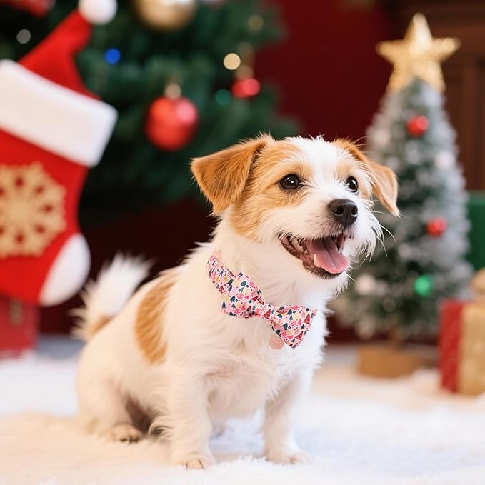 Christmas Dog Collar with Bow Tie, Pink Christmas Tree Collars for Dogs, Adjustable Pet Collar with Cute Xmas Tree Pendant, Winter Dog Accessories for Small Medium Large Dogs XS
