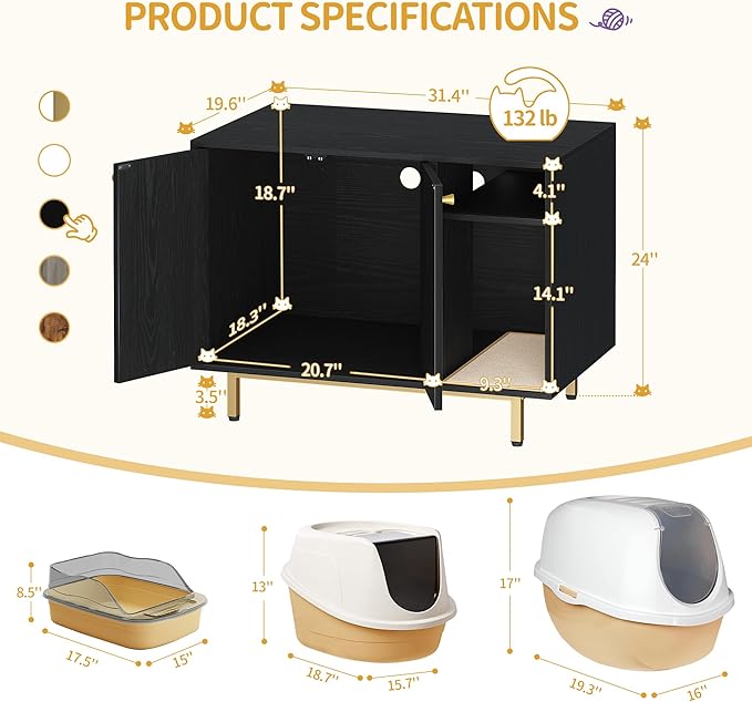 Cat Litter Box Enclosure Enclosed, Hidden Litter Box Cabinet Furniture with Storage, Wooden Indoor Cat House Large, Modern End Table for Living Room Entryway, Black and Gold CB01504G