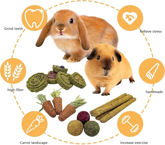 Hamiledyi Rabbit Chew Toys 450g/15.8OZ Natural Timothy Grass Molar Cakes Guinea Pig Apple Sticks Sweet Bamboo Handmade Treat for Bunny Hamster Chinchilla Squirrel