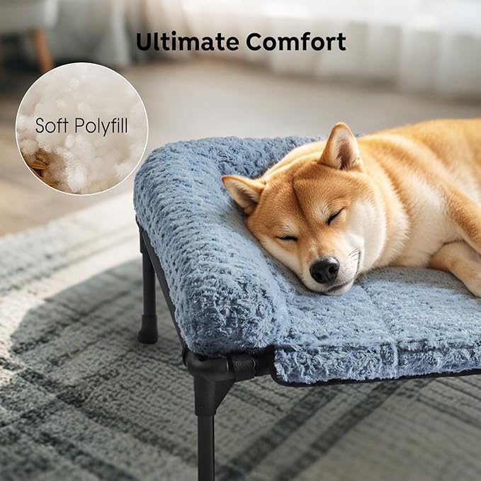 Veehoo Cooling Elevated Dog Bed Add Removable Deluxe Rose Plush Bolster Cushion Mat, 47" x 29" Washable Dog Couch Bed, Raised Pet Cot with Breathable Teslin Mesh, No-Slip Feet, Haze Blue, CWC2439B
