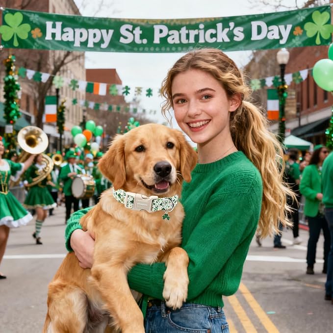 DOGWONG St Patrick's Dog Collar, Green Clover Pet Collar Cotton Holiday Pet Collar Cute Puppy Collar Adjustable Pet Dog Collars for Small Dogs,S