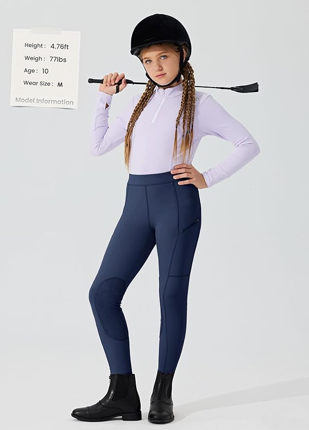 Willit Girls Horse Riding Pants Tights Kids Equestrian Breeches Knee-Patch Youth Schooling Tights Zipper Pockets