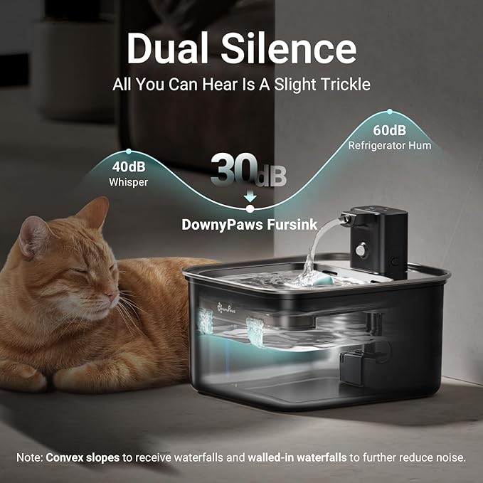 DownyPaws Cat Water Fountain Stainless Steel Wireless, 101 oz/3L FurSink Cordless Water Fountain for Cats, Battery Operated Cat Fountains for Drinking with Motion Sensor, Easy Clean, Black
