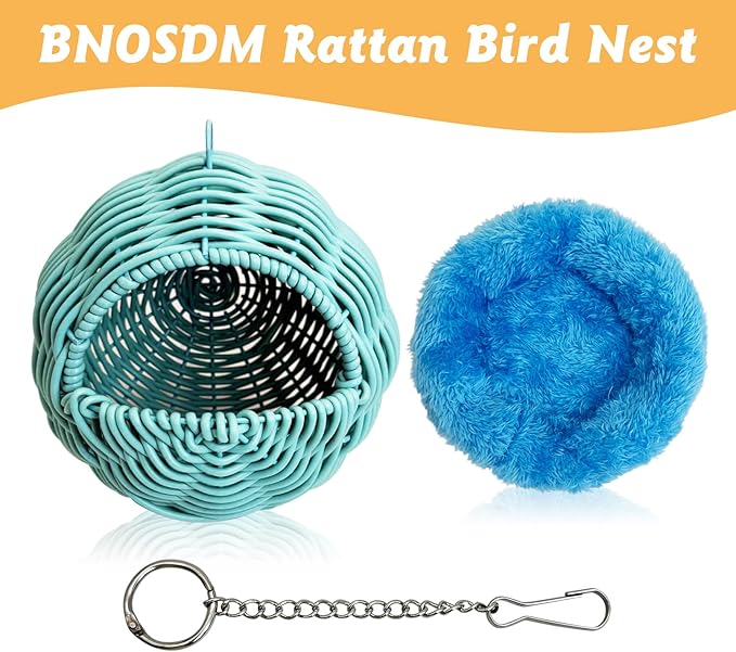BNOSDM Rattan Parrot Nesting House Bird Nest Parakeet Hanging Swing Soft Lovebird Warm Bed Sleeping for Parrots Bird Cage Accessories for Cockatiels Budgerigars Finches Canaries (Blue)