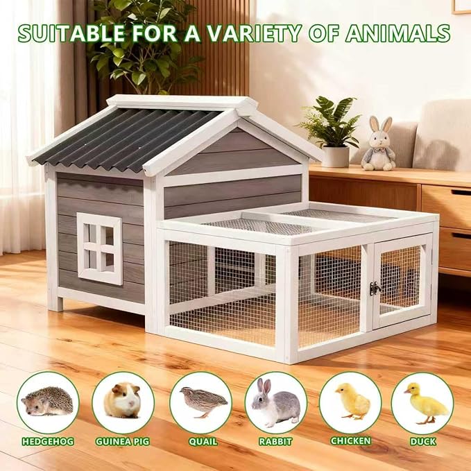 Wooden Rabbit Hutch Indoor and Outdoor,Chicken Coop,Bunny Cage Rabbit House with Waterproof Roof,Windows and Ventilation Door for Quails Ducks Guinea Pigs (White+Black)