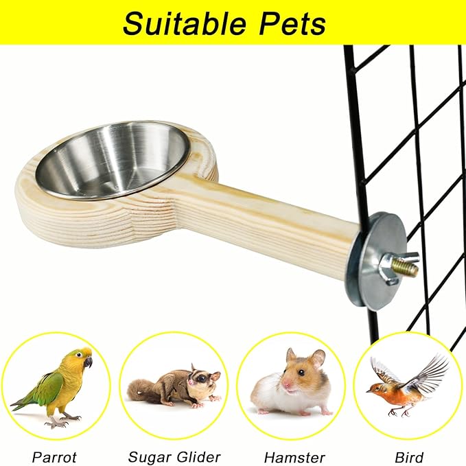 ASOCEA 2 Pack Bird Perch Feeding Cup, Bowls for Cage Wooden Perch Stand Hanging Bowls for Bird Cage Accessory Parrot Wood Perch Stand Toy for Parakeet Lovebird Cockatiel Budgie