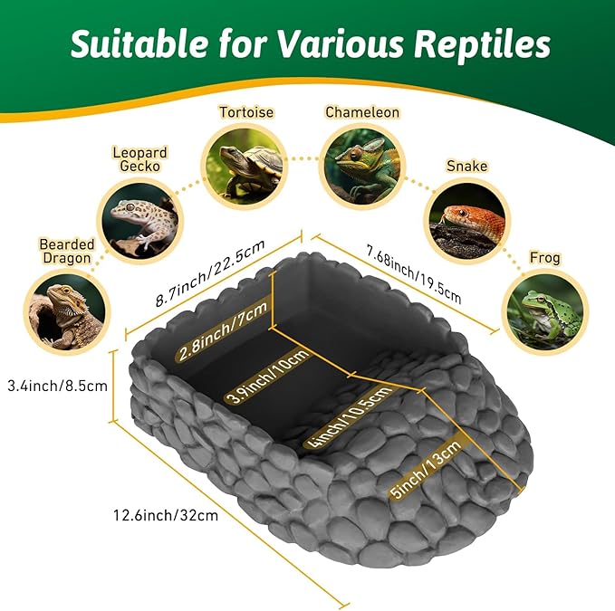 Reptile Water Dish Large Bearded Dragon Food Bowl, Rock Corner Water Dish for Reptiles Snake Water Bowl Feeding for Leopard Gecko Tortoise Lizard Tank Accessories, Terrarium Reptile Pool with Ramp