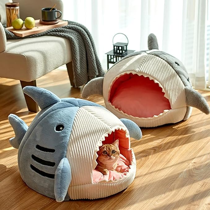Shark Cat House, Shark Shaped Kennel, Kitten Bed Hideout House, Covered Shark Head Shaped Indoor Pet Nest for Cat, Small Dogs (Blue, L(18.5 * 17.7 * 13.4 in))