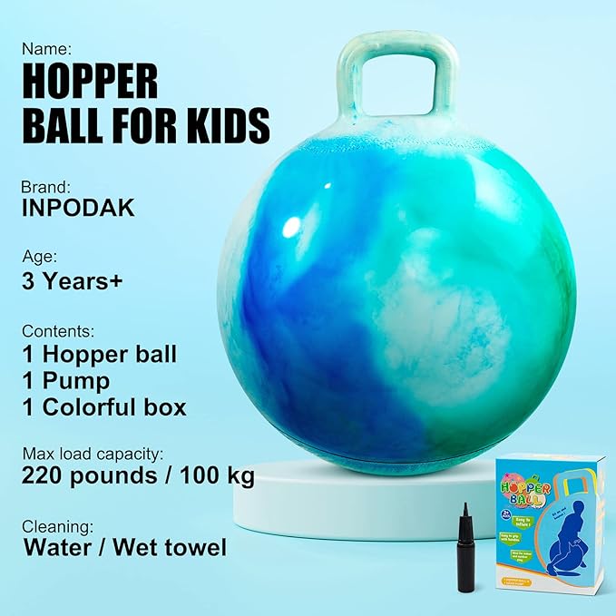 INPODAK Hopper Ball 20 Inch Bouncy Ball with Handle for Kids, Hippity Hop Jumping Bouncer Hopping Toy for Boys Girls Ages 5-9 with Pump and Gift Box Great Gift for Birthday Holiday