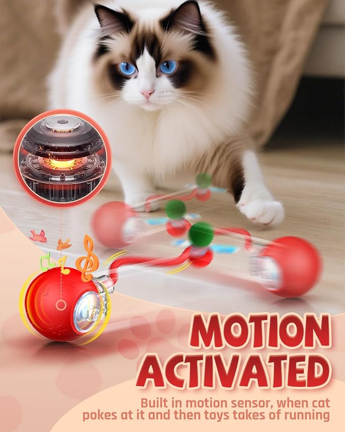 Interactive Cat Toys for Indoor Cats, 2025 Upgraded 360° Anti-chew Safe Material Moving Cat Ball with Tail, Interactive Cat Toys for Bored Indoor Adult Cats to Keep Them Busy (Red, 2.2in)