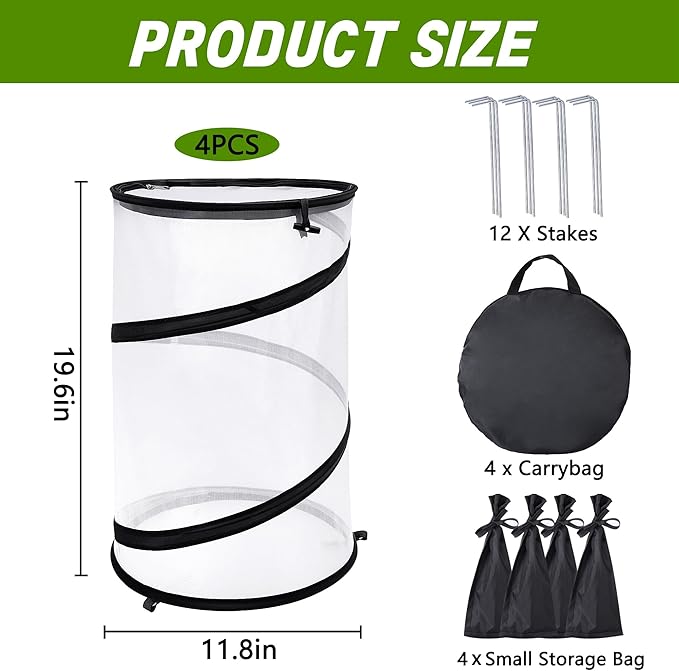 4 Pcs Pop Up Insect Barrier Plant Cover Net, 19.6" x 11.8" Round Foldable Plant Protectors Mesh Plant Enclosure, Garden Net Cage Guard Cover with Stakes & Carry Bag for Protect Plants from Bird Insect