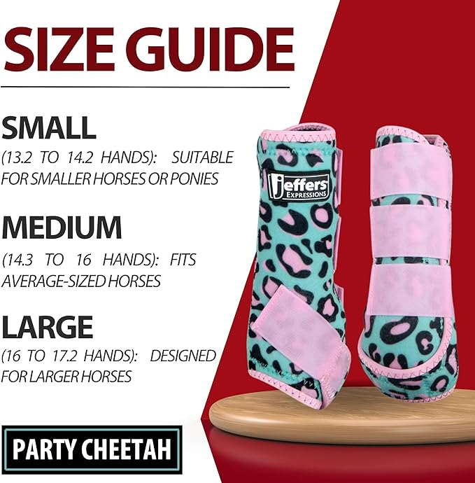 Jeffers Expression Protective Horse Boots 1 Pair, Party Cheetah- Safe Neoprene Leg Guards, Comfortable Fit, Durable Strap Closures, Front & Hind Support, Accessories for Travel & Riding - Large