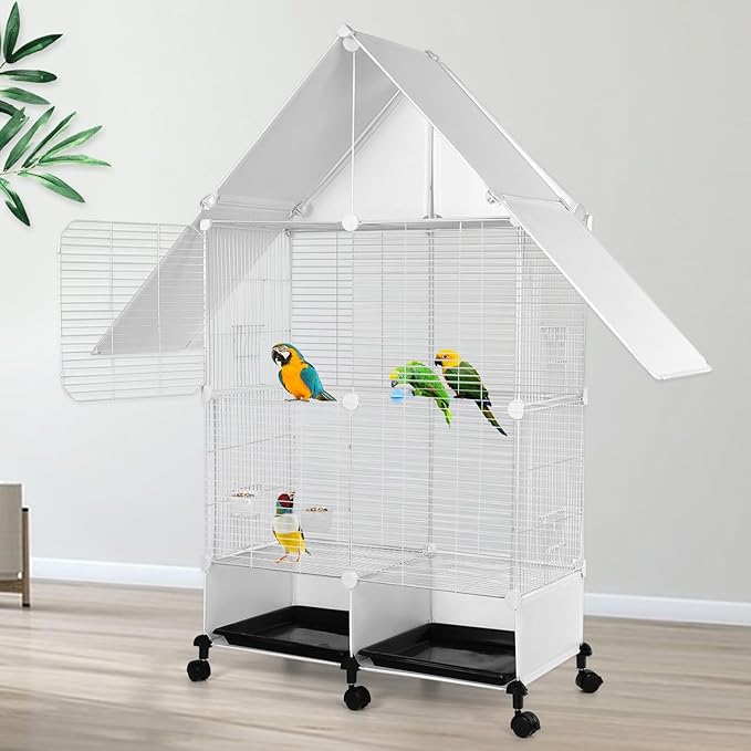 House Shape Bird Cage with Rolling Stand - Large 2 Tier Iron Bird Cage with Lock, Spacious Flight Habitat for Parakeets & Cockatiels, Easy Mobility Safe Home for Small Birds