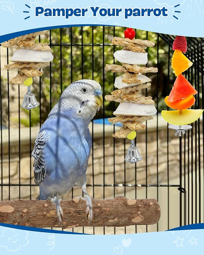 8 Pcs Parrot Toys Bird Toy Natural Wood Chew Toys with Rope Perch, Bell, Foraging Swing & Feeding Dish for Conure, Cockatiel, Budgie, Lovebird, Small Parrot Cage Accessories