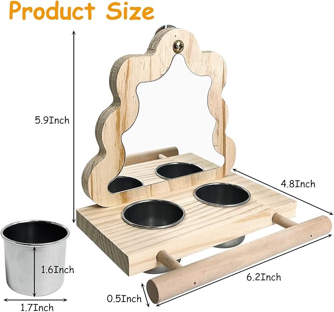 Tfwadmx Bird Parrot Wooden Feeding Cups Small Bird Feeding Dish Cups Stainless Steel Birds Bowls Food Water Bowls with Food Holder for Cockatiel Parakeet Macaw Finches Lovebirds