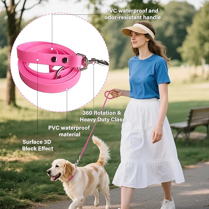 4.2FT Dog Collar and Leash Set, PVC Waterproof Adjustable Odor Proof Pet Collars Leashes, Easy to Clean, Surface 3D Cube Effect, Dog Leash for Small Dogs, Pink