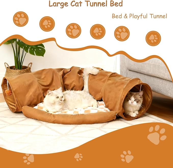 Large Cat Tunnel Bed for Indoor Cats, Peekaboo Cat Cave with Detachable & Washable Design, Scratch-Resistant Donut Bed for Multiple & Large Cats (Beige Plaid)