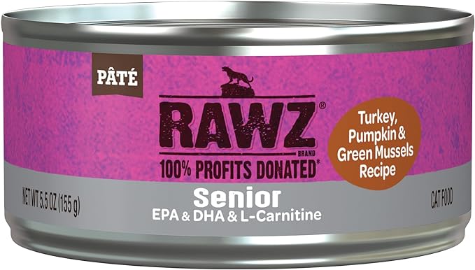 Rawz Natural Premium Pate Canned Cat Wet Food - Made with Real Meat Ingredients No BPA or Gums - 5.5oz Cans 24 Count (Turkey & Green Mussels for Seniors)