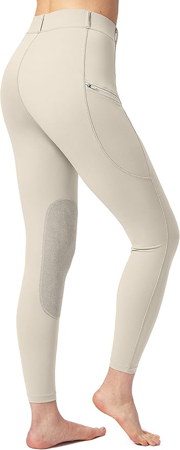 SANTINY Women's Horse Riding Pants with Zipper Pockets Knee-Patch Schooling Tights Equestrian Breeches for Women