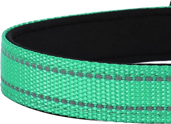 Reflective Dog Collar, Adjustable Soft Neoprene Padded Nylon Pet Collars with Buckle for Large Dogs, Grass Green,L