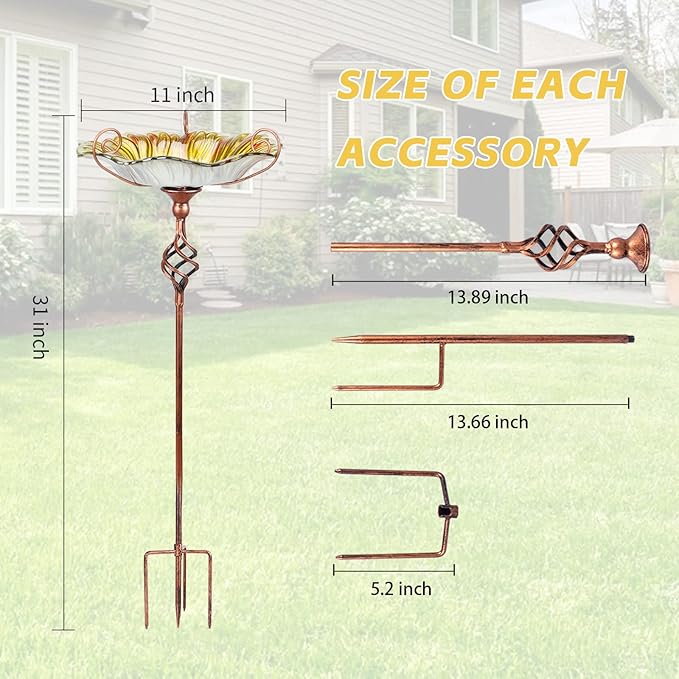 Bird Baths for Outdoors, Glass Birdbaths Outdoor Garden Birdfeeder with Metal Stake Yellow (Height:31inch)