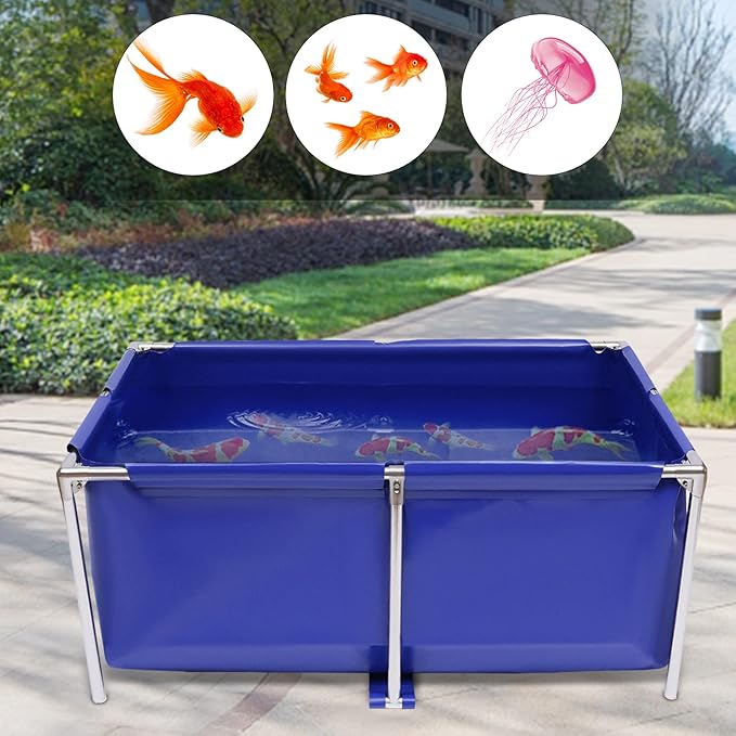 JOMCYDM Aquarium Fish Water Tank Ornamental Swimming Pool Koi Breeding Pond,Canvas Above Ground Fish Pond with Steel Frame, Drain Valve, Blue Aquarium Pool, Koi Pond, Foldable Water Storage