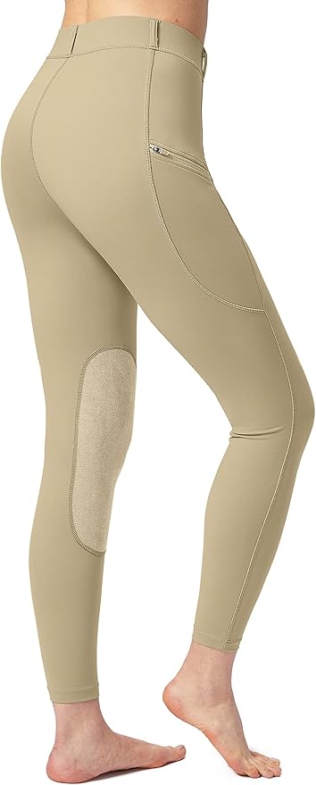 SANTINY Women's Horse Riding Pants with Zipper Pockets Knee-Patch Schooling Tights Equestrian Breeches for Women